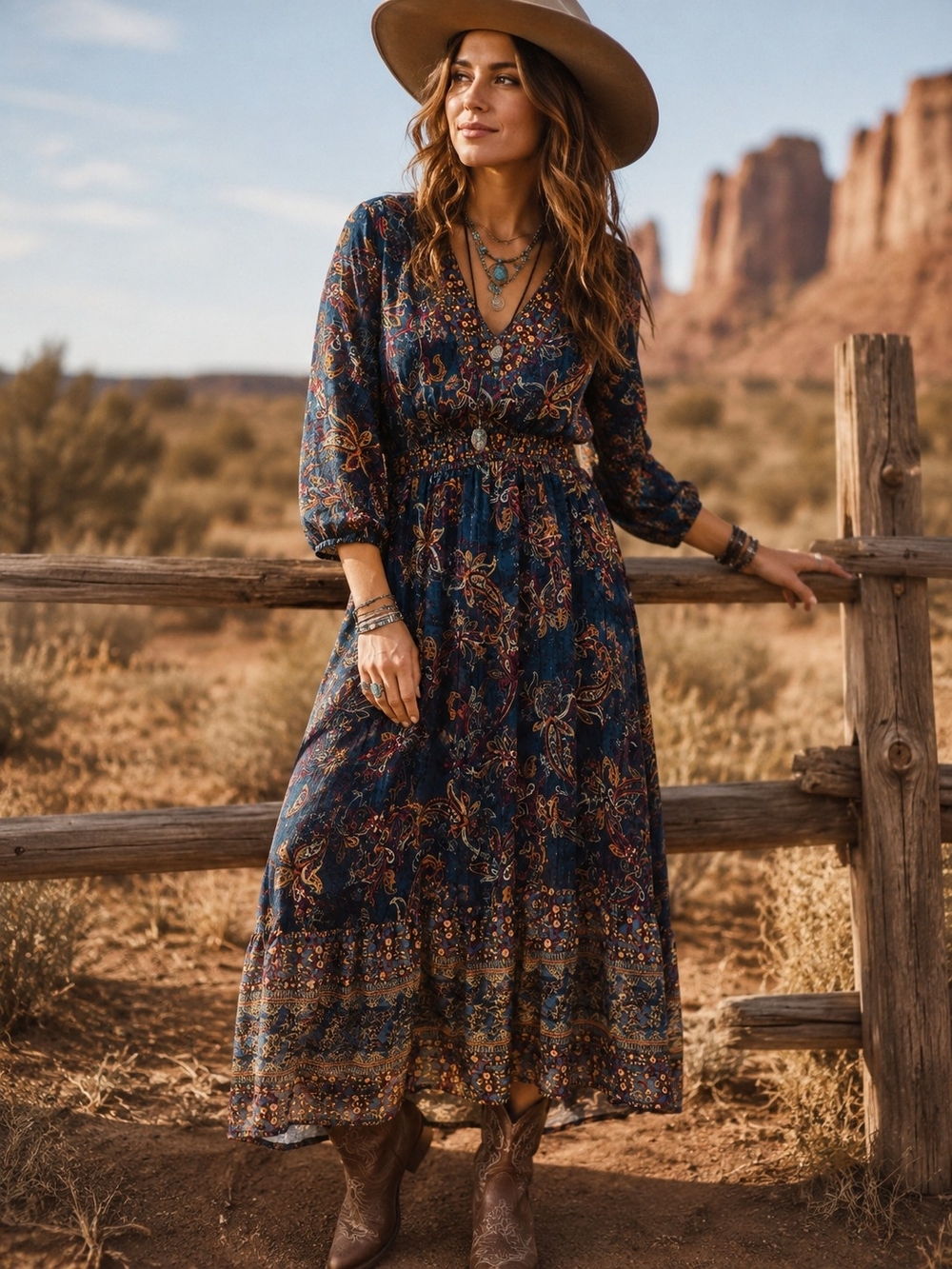 NWT Frye Boho Paisley Maxi Dress Blue Long Sleeve Empire Waist XL